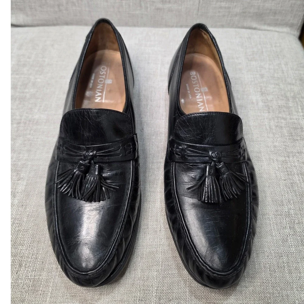 Bostonian Mens Black Leather Tassel Loafers Made in USA Dress Shoes 00628009